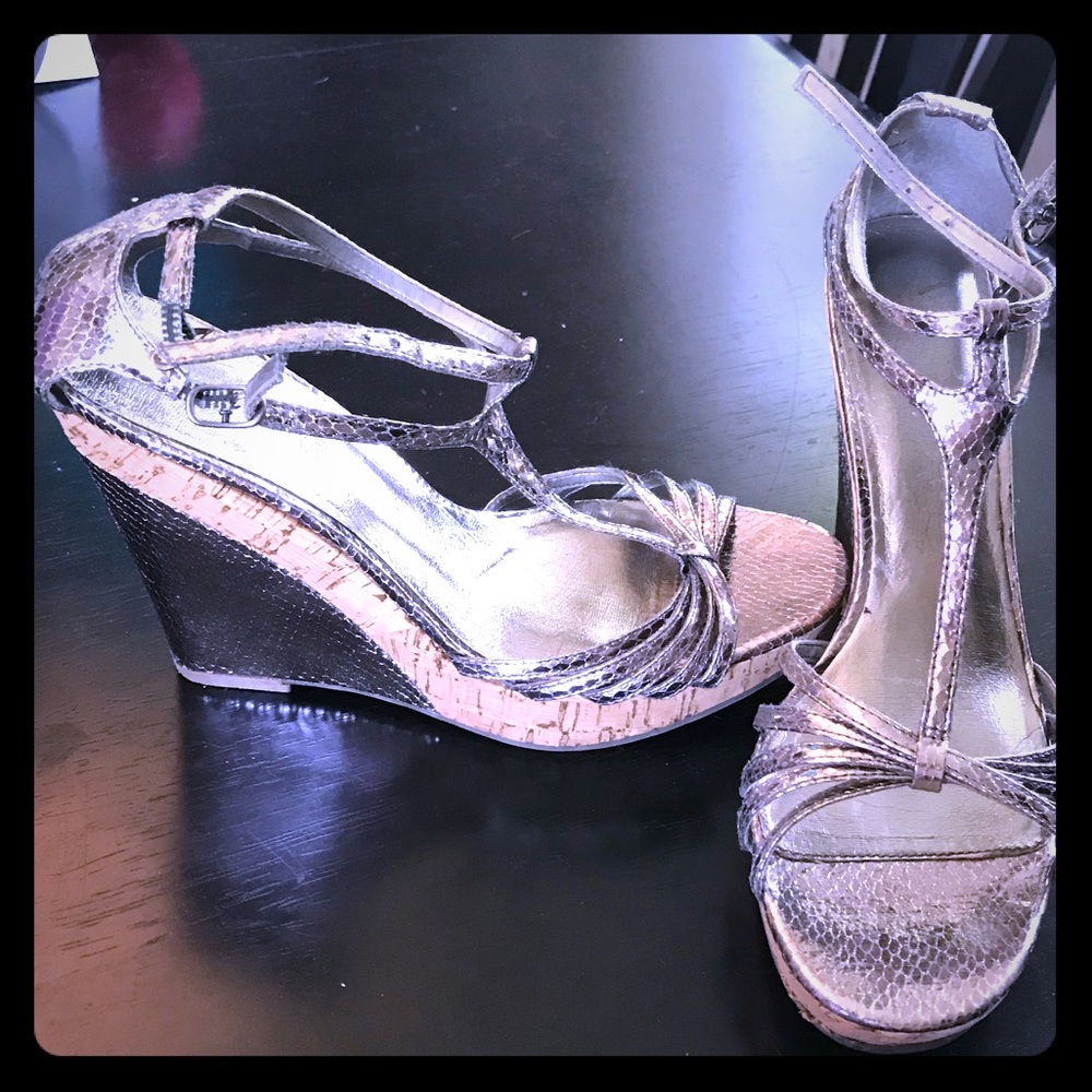 Silver faux-snakeskin wedge sandals